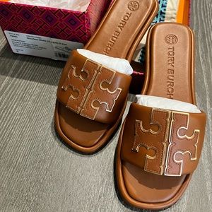 Double-T Monogram Padded Leather Slide Sandals